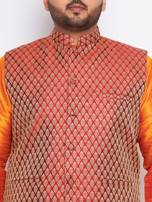 Vastramay Men's Plus Size Maroon Woven Nehru Jacket With Orange Kurta And Pyjama Set